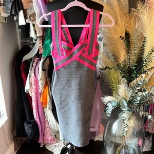 Herve Leger Pink and Grey Bandage Dress